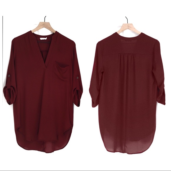 Lush Tops - Lush Oversized Burgundy High Low Blouse | D374